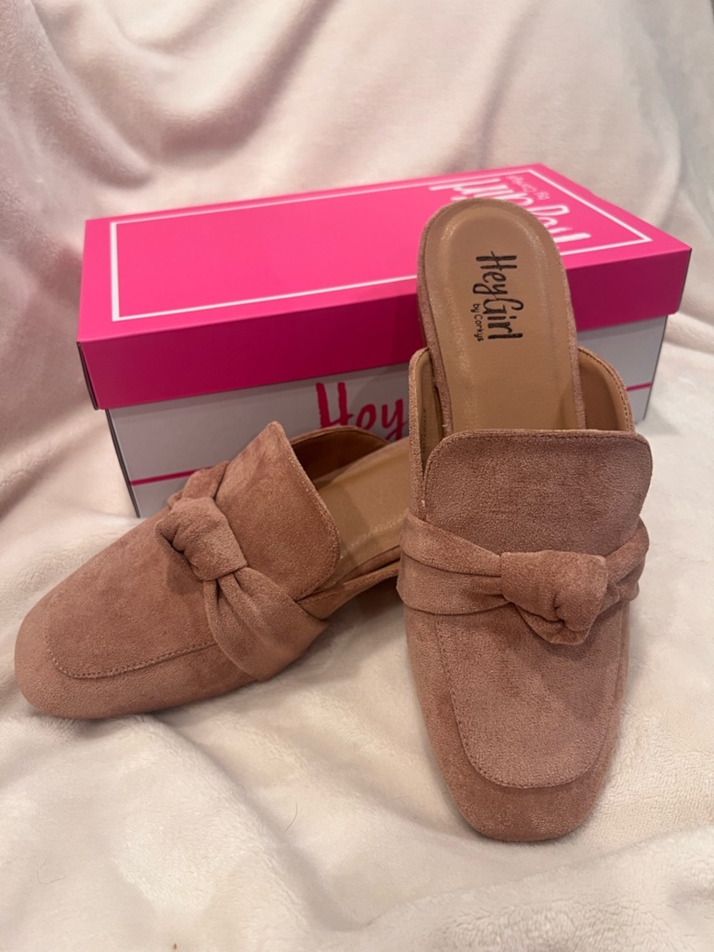 Hey Girl Suede like Knot Backless Mules in Dusty Rose